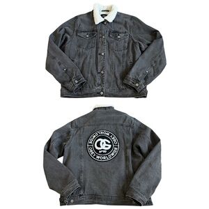 Obey Women’s Sherpa Trucker Jean Jacket Sz S Black Denim Back Patch Faux Fur GUC